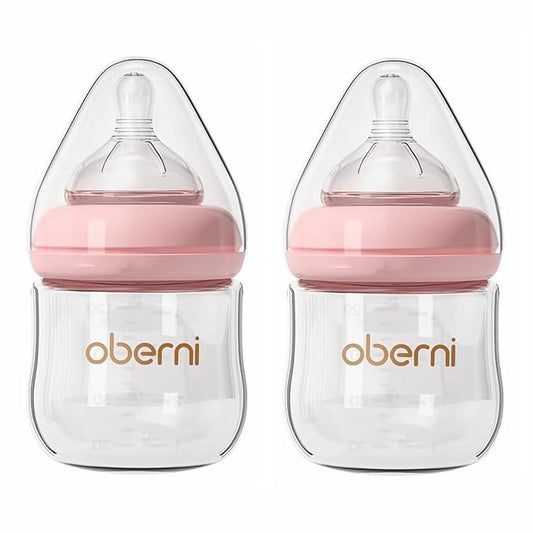 Oberni Glass Baby Bottles,Anti Colic Breastfeeding Bottle with Natural Response Nipple Size S,Wide Neck Slow Flow Baby Bottle for Baby,Newborn,Preemie 0-3 0-6 Month,BPA Free (Pink, 2 Pack, 4 Ounce)