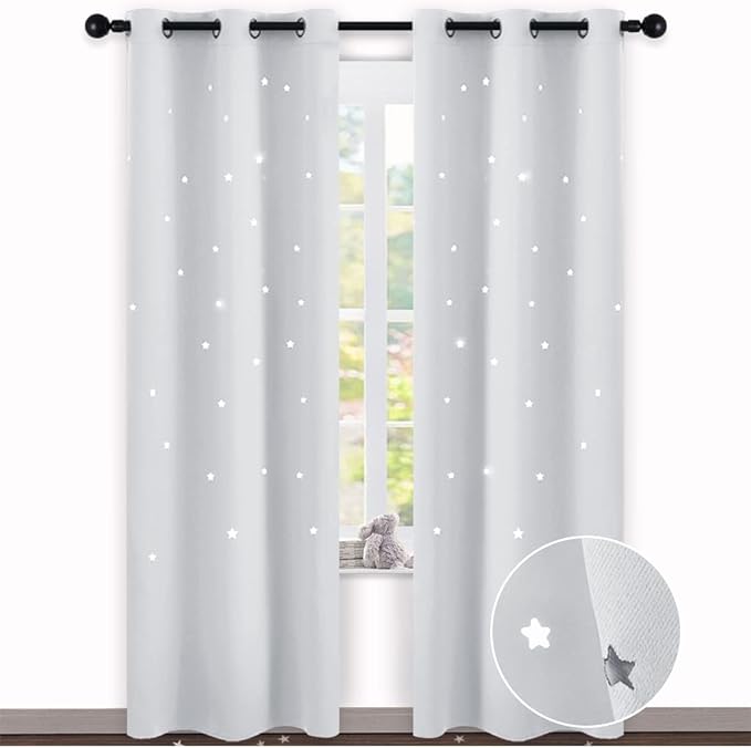 NICETOWN Star Curtains for Kids Room - Starry Magic Night Sky Hollow Star Design Space Themed Window Shades for Living Room & Bedroom (42 Width 84 inches Length, Greyish White, Sold by 2 Panels)