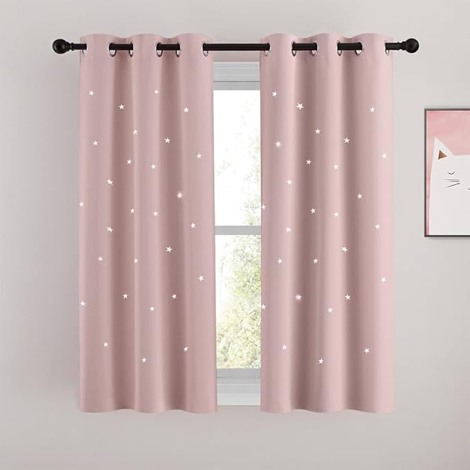 NICETOWN Star Hollow Out Curtains for Kids Room, 2 Panels Starry Sky Blackout Curtains Window Treatments for Nursery and Bedroom Decor, W34 x L54 Inches, Light Pink