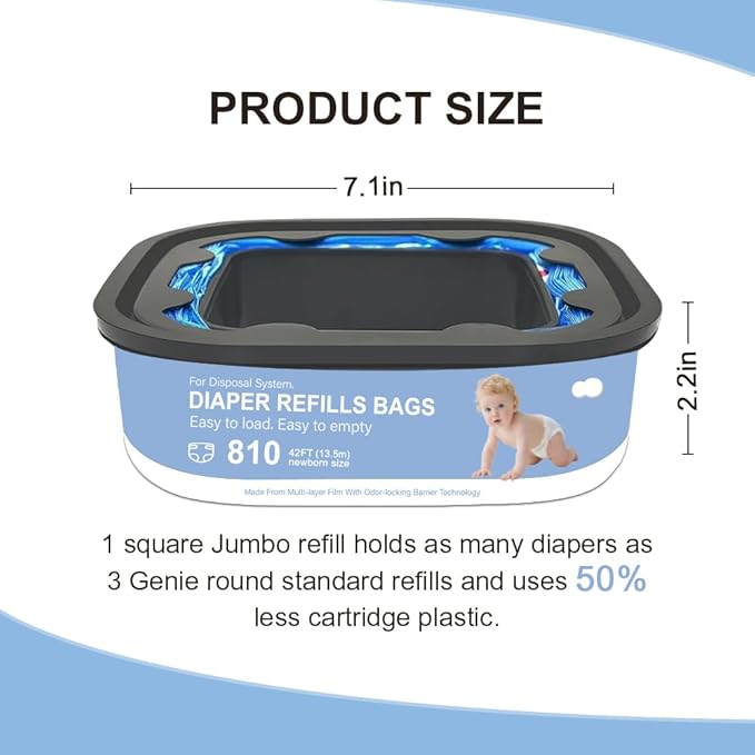 Jumbo Square Refills Disposal Bags Refill Compatible with Genie Diaper Compact, Select Pails (Not Fit Classic),Hold Up to 810 Newborn-Sized Diapers Per Refill,Pack of 3