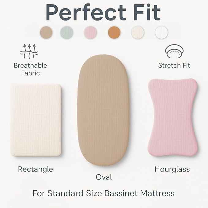 Muslin Bassinet Sheets Set of 2 Large Size 33x17 Pink & Beige Baby Bassinet Sheets, Soft Breathable Fitted Sheets for Bedside Sleeper, Gentle on Baby Skin, Stays Tight & Won’t Bunch Up