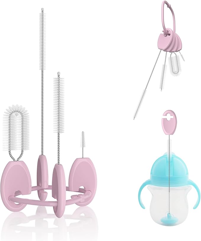 VOGOGE Baby Straw Brush Set, 4 Piece Cleaner Kit with Standable Key Ring, for Sippy Cups, Weighted Straw Cups & Baby Bottles – Designed for 0–24 Months, Pink