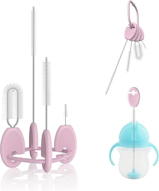 VOGOGE Baby Straw Brush Set, 4 Piece Cleaner Kit with Standable Key Ring, for Sippy Cups, Weighted Straw Cups & Baby Bottles – Designed for 0–24 Months, Pink