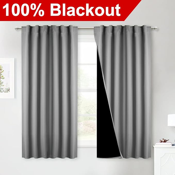 NICETOWN 100% Blackout Curtains with Black Liners, Rod Pocket & Back Tab Thermal Insulated 2-Layer Lined Drapes, Energy Efficiency Window Draperies for Bedroom (Silver Grey, 2 Panels, 52" W by 63" L)
