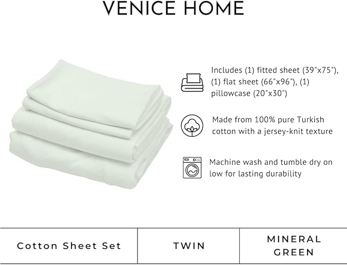 100% Cotton Bed Sheet Set with Deep Pocket - T-Shirt Fabric Jersey Knit - Extra Soft - Easy Fit - 3 Piece Set with a Pillowcase - All Season - Comfy – 3 pcs (Mineral Green, Twin)