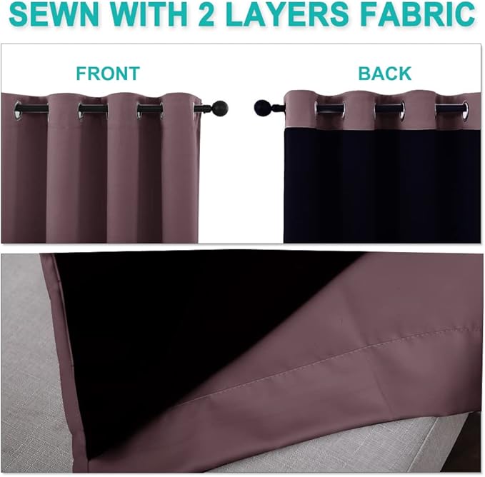 NICETOWN 100% Blackout Window Curtain Panels, Full Light Blocking Drapes with Black Liner for Nursery, 72-inch Drop Thermal Insulated Draperies (Dry Rose, 2 Pieces, 62-inch Wide Per Panel)