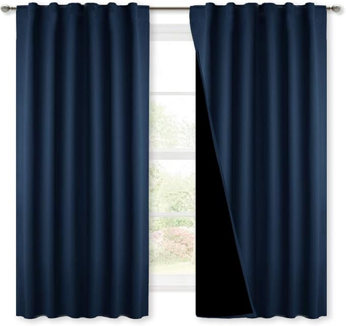 NICETOWN 100% Blackout Bedroom Curtains Navy, Thermal Insulated Black Liner Curtains for Nursery Room, Noise Reducing and Cold Blocking Drapes for Windows (Set of 2, 52-inch Wide by 63-inch Long)