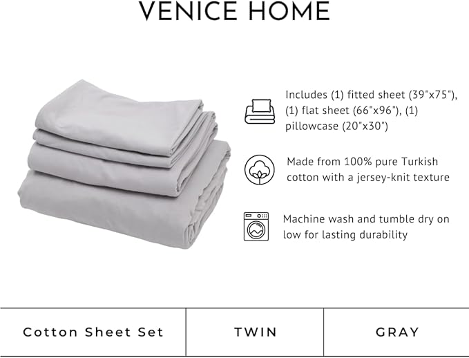 100% Cotton Bed Sheet Set with Deep Pocket - T-Shirt Fabric Jersey Knit - Extra Soft - Easy Fit - 3 Piece Set with Pillowcase - All Season - Comfy – 3 pcs (Gray, Twin)