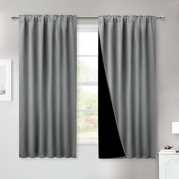 NICETOWN 100% Blackout Curtains with Black Liners, Rod Pocket & Back Tab Thermal Insulated 2-Layer Lined Drapes, Energy Efficiency Window Draperies for Bedroom (Silver Grey, 2 Panels, 52" W by 63" L)