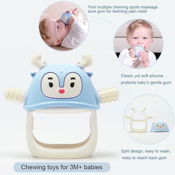 Smily Mia Reindeer Organic Baby Toys 0-6Months, Mitten for 3-6Months, Easy to Hold Stem with Chewing Nubs for Teething Pain Relief for 6-12Months Babies, Ocean Blue