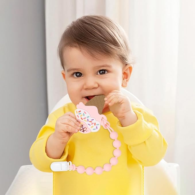 Baby Food Grade Silicone Teether Toy with One Piece Design Pacifier Clip Holder,Teething Toys Gift Set for 3 Months+ Boys and Girls,Freezer Safe,BPA Free. (Ice Cream)