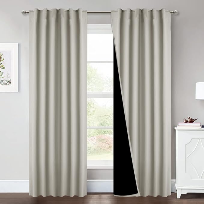 NICETOWN Natural Living Room Completely Shaded Draperies, Privacy Protection & Noise Reducing Drapes for Laundry, Black Lined Insulated Window Treatment Curtain Panels (2 Pieces, W52 x L84)