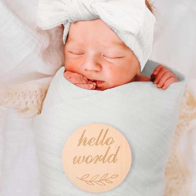 BQUBO Baby Swaddle Blankets for Girls, 4PCS Newborn Accessories Set with Hat and Bow Headband with Hello World Wooden Birth Announcement Card, Baby Blankets for Girls (White)