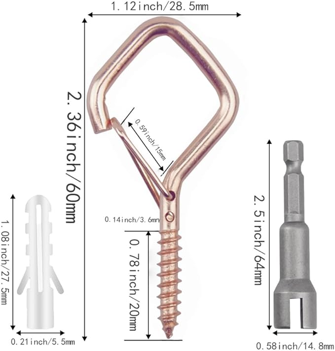 52-Pack Heavy-Duty Rose Gold Screw Eye Hooks with Safety Clips | Metal Ceiling Hooks for Hanging Plants, Wind Chimes, Bird Feeders & Indoor/Outdoor Lights