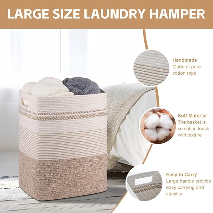 Laundry Basket, Large Woven Rope Tall Laundry Basket with Handles, Decorative Storage Basket for Clothes and Blankets in Living room, Bedroom