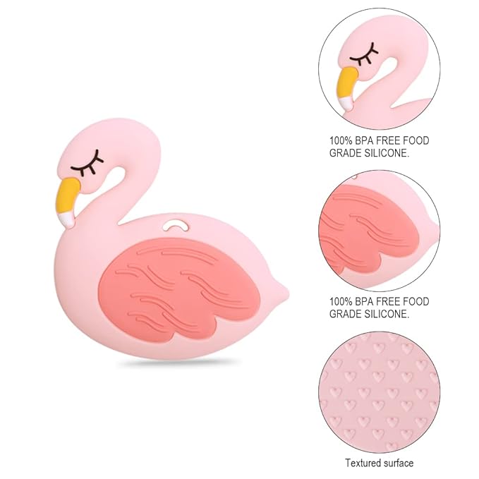 Baby Food Grade Silicone Teether Toy with Pacifier Clip Holder,Teething Toys Gift Set for 3 Months+ Boys and Girls,Freezer Safe,BPA Free. (Pink Flamingo)