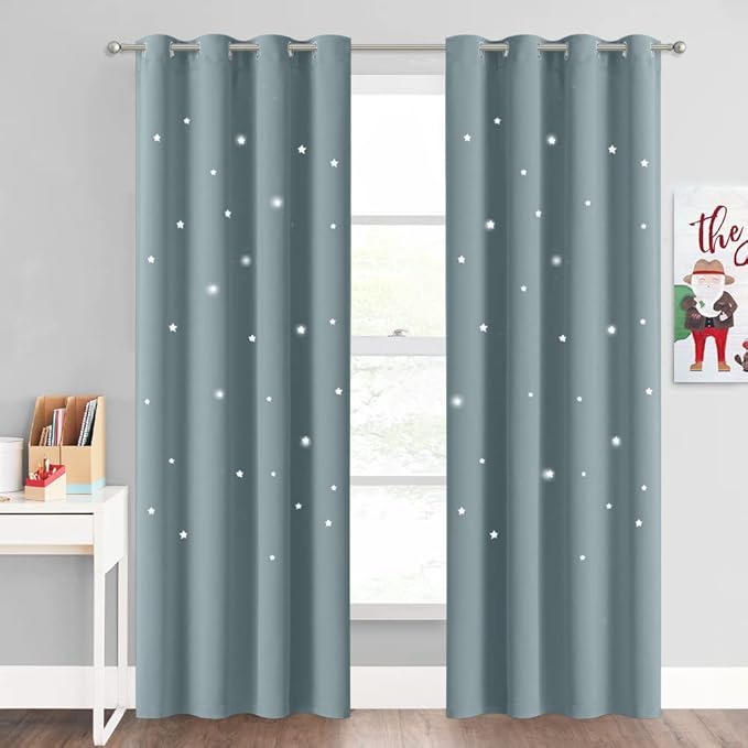 NICETOWN Kids Blackout Curtains for Bedroom, Grommet Thermal Insulated Cut Out Star Print Room Darkening Curtains for Kids Girls Room/Thanksgiving, Set of 2 Panels, 52 x 84 Inch, Stormy Sea