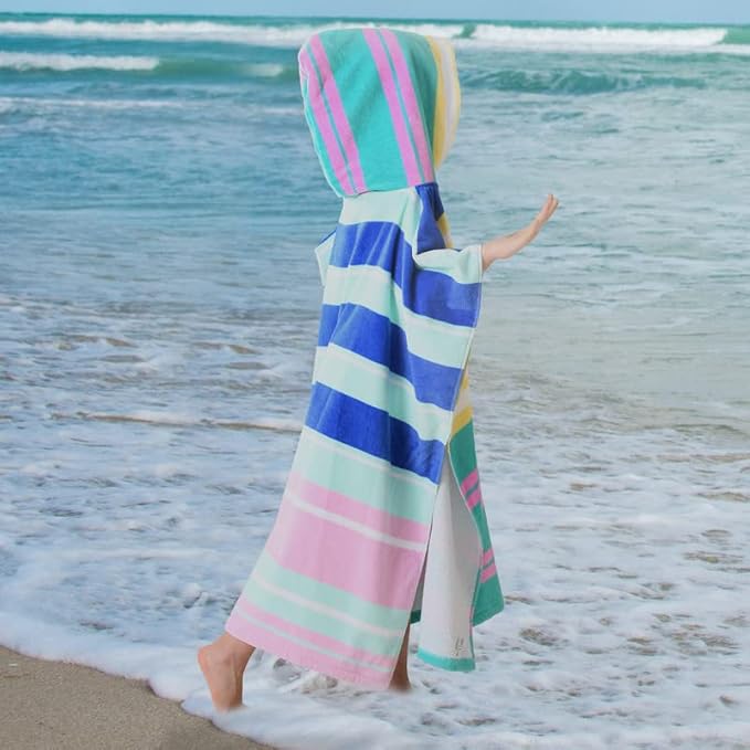 VOOVA & MOVAS Hooded Towels Poncho for Big Kids, Oversized (6-12Years,26"X64") Made from 100% Soft Cotton,Perfect for Swimming | Bathing | Beach | Birthday Gifts, Colorful Stripe