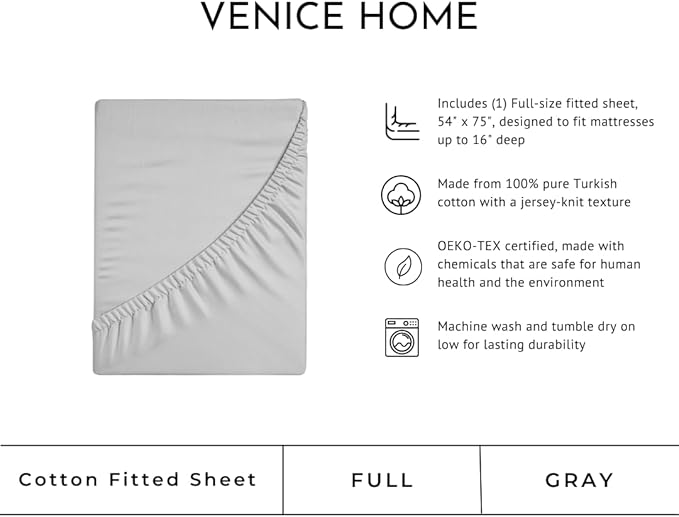 100% Cotton Fitted Sheet Only - Deep Pocket up to 16inch - All-Around Elastic - T-Shirt Fabric Jersey Knit - Extra Soft - Easy Fit - All Season - Comfy (Gray, Full)