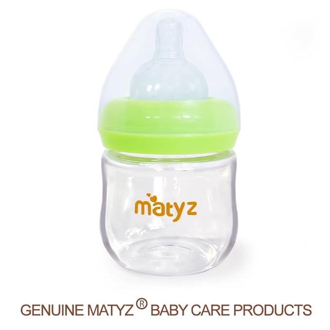 Matyz 1-Pack Glass Baby Breastfeeding Bottle with Cap (Green, 4Oz) - Wide Neck New Born Bottles for Baby Breastfeeding Bottles for Newborn Babies - Glass Baby Bottles Breastfeeding Bottles with Lids