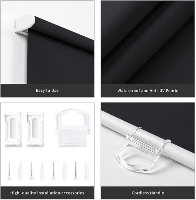Blackout Roller Shades Blinds Cordless for Windows Without Tools and Drill,Cordless Free-Stop Blinds with Thermal Insulated, Easy to Install (22" W x 72" H, Black)
