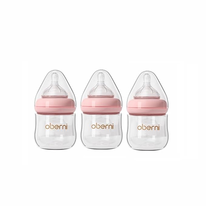 Oberni Glass Baby Bottles,Anti Colic Breastfeeding Bottle with Natural Response Nipple Size S,Wide Neck Slow Flow Baby Bottle for Baby,Newborn,Preemie 0-3 0-6 Month,BPA Free (Pink, 4 Ounce，3 Pack)
