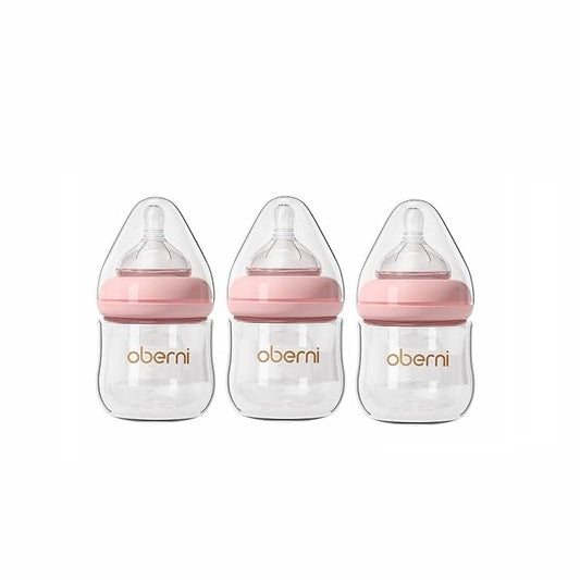 Oberni Glass Baby Bottles,Anti Colic Breastfeeding Bottle with Natural Response Nipple Size S,Wide Neck Slow Flow Baby Bottle for Baby,Newborn,Preemie 0-3 0-6 Month,BPA Free (Pink, 4 Ounce，3 Pack)