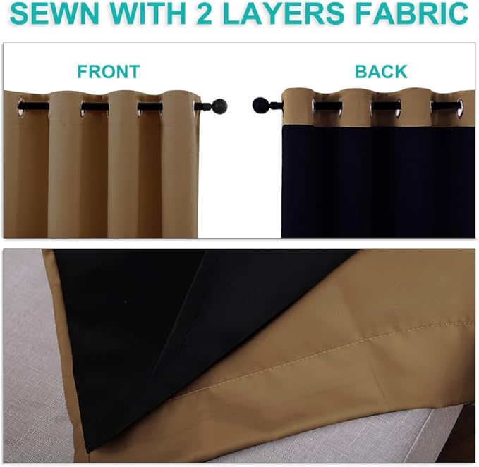 NICETOWN Full Shading Curtains for Windows, Gold Brown, Pack of 2, 52 inches W x 95 inches L, Super Heavy-Duty Black Lined Blackout Curtains for Bedroom, Privacy Assured Window Treatment