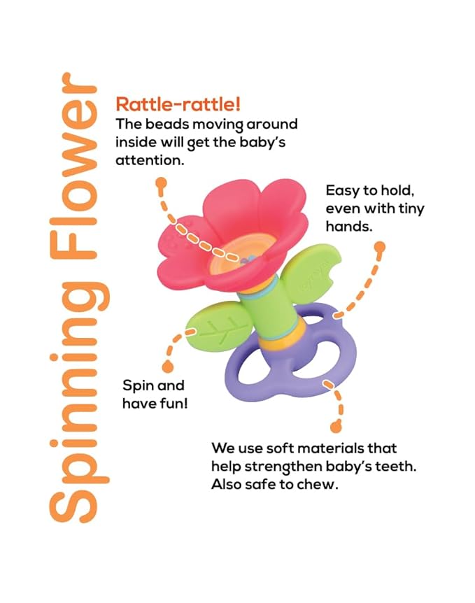 BaBeloved Spinning Flower Baby Teething Toys Multiple Sensory Montessori Durable Cute Infant Soft Food-Grade Teethers for Baby Rattling Teething Relief, Chew Toy for Babies 0-12 Months, BPA Free