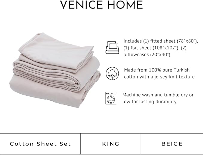 100% Cotton Bed Sheet Set with Deep Pocket - T-Shirt Fabric Jersey Knit - Extra Soft - Easy Fit - 4 Piece Set with Pillowcases - All Season - Comfy – 4 pcs (Beige, King)