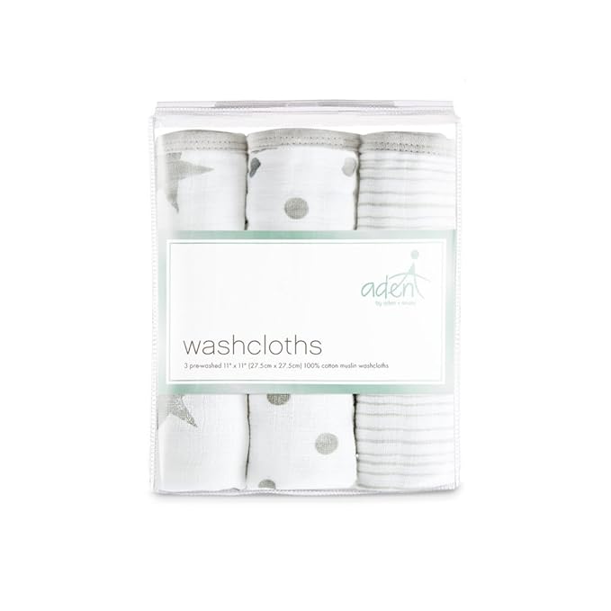 aden + anais Essentials Washcloth 3-Pack, Super Soft 100% Cotton Muslin, Gentle on Skin, 3 Absorbent 11x11 Layers, Softer with Every Use, Perfect for Babies, Infants, Toddlers, Damsel