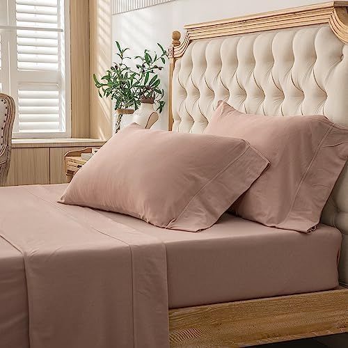 PURE ERA Jersey Knit 3pcs Bed Sheet Set 100% T-Shirt Cotton Super Soft Comfy Breathable Fits Mattress Up to 20" Extra Deep Pocket (Solid Petal Pink, Twin XL)
