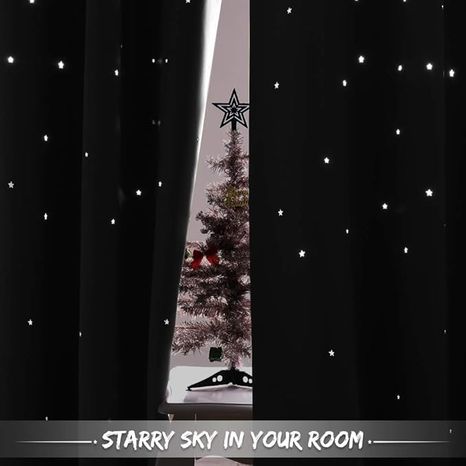 NICETOWN Kids Curtains, Navy Blue Romantic Star Curtains Thermal Insulated Blackout Curtains for Kids Teenagers Bedroom Small Window (W52 x L63, Set of 2)
