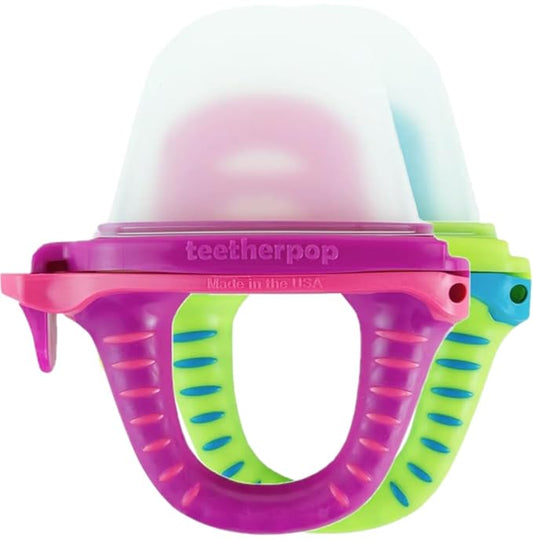 Teetherpop Fillable Silicone Teether for Babies (2-Pack) – Breastmilk Popsicle Molds for Teething w/Spill-Proof Sippy Slits – Freezable Baby Teethers for Liquids & Purées (Fuchsia/LimonTeal)