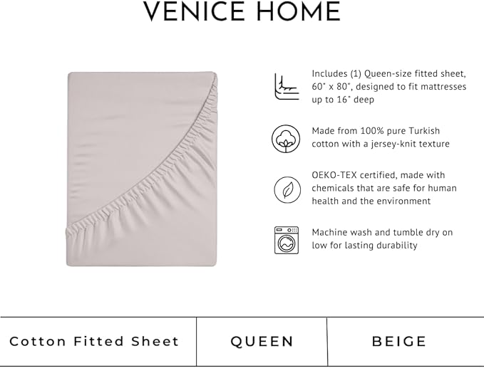 100% Cotton Fitted Sheet Only - Deep Pocket up to 16inch - All-Around Elastic - T-Shirt Fabric Jersey Knit - Extra Soft - Easy Fit - All Season - Comfy (Beige, Queen)