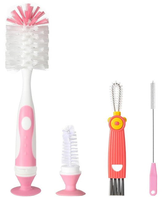 Ariseno 4-in-1 Baby Bottle Brush Set, Including Nylon Bottle Brush, Cap, Straw, Nipple Brushes, BPA-Free (Pink)
