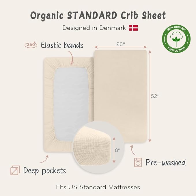 Crib Sheets – Organic Cotton Muslin Fitted Crib Sheet – Standard Size for Baby Boy and Baby Girl 28" x 52" Ultra-Soft and Breathable. 2-Pack(Fog/Stripe)
