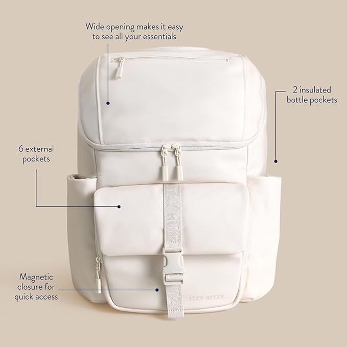 Itzy Ritzy Belong Bucket Backpack – Lightweight Diaper Bag Backpack Featuring 16 Pockets, Bucket Top Opening, Stroller Straps & Changing Pad; Organized and Stylish Everyday Family Backpack (Cream)