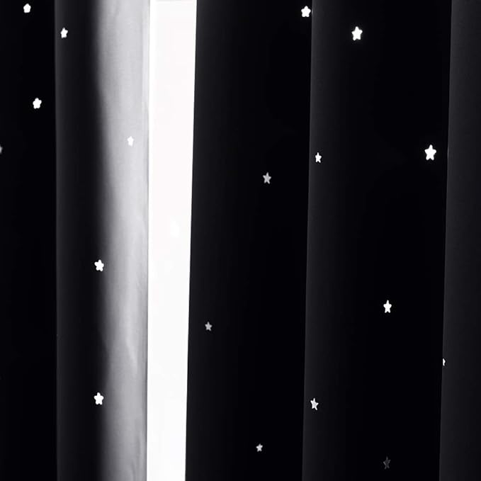 NICETOWN Star Curtains for Bedroom, Blackout Nursery Essential Laser Cutting Star Black Out Curtains for Dorm Room (Double Panels, 52 Wide x 63 Inch Long)