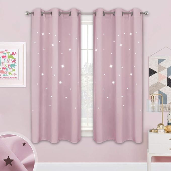 NICETOWN Children Window Darkening Curtains - Bedroom Star Cutouts Starry Night Magical Drape Panels for Girl's Princess Themed Rooms/Nursery Room (Lavender Pink, 42 inches X 63 inches, 2 Pieces)