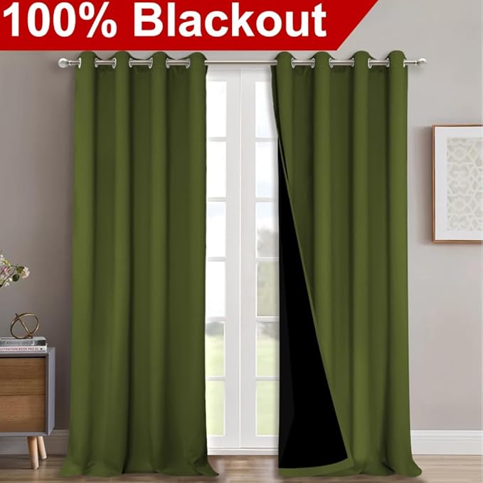 NICETOWN Full Shading Curtains for Windows, Olive Green, Pack of 2, 52 inches W x 95 inches L, Super Heavy-Duty Black Lined Blackout Curtains for Bedroom, Privacy Assured Window Treatment