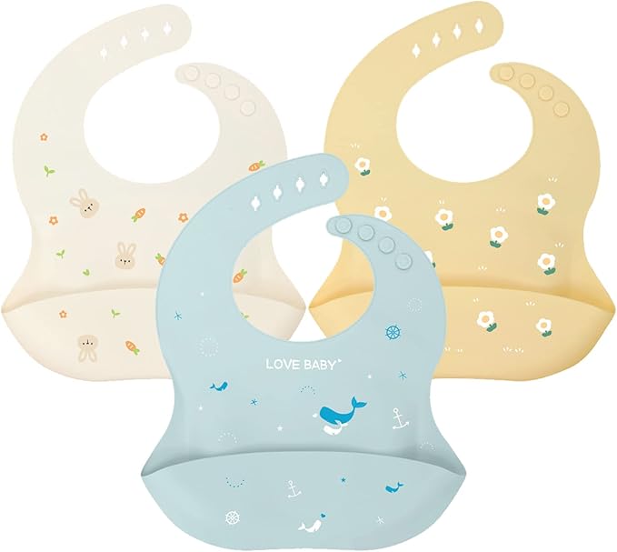 YINGJEE Baby Silicone Feeding Bibs, 3pcs Adjustable Waterproof Bibs for Feeding