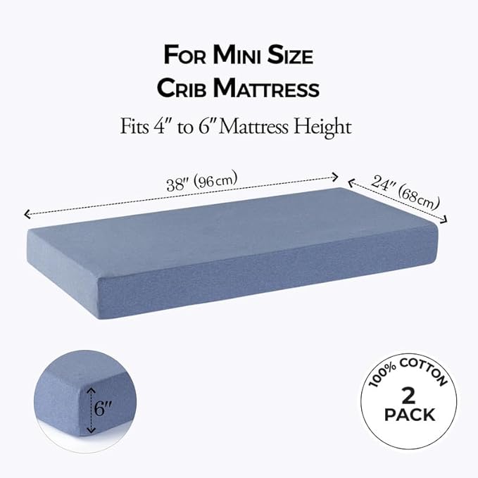 Dreamology Mini Crib Sheets for Boys,Girls,100% Cotton Crib Sheets,2 Pack,Pack and Play Sheets,Mini Crib Sheets Fitted,Pack n Play Sheets,24 x 38 Mini Crib Sheet | Denim Blue and Sky Blue