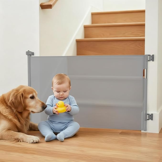Retractable Baby Gate,Mesh Baby Gate or Mesh Dog Gate,34" Tall,Extends up to 70" Wide,Child Safety Gate for Doorways, Stairs, Hallways, Indoor or Outdoor (Gray, 70''Wide 34''Tall)