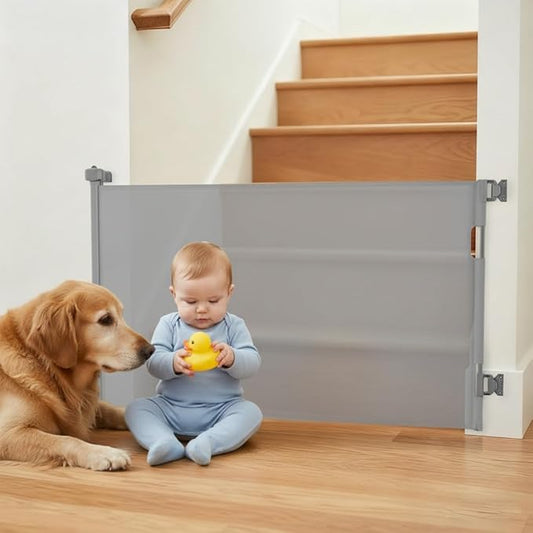 Retractable Baby Gate,Mesh Baby Gate or Mesh Dog Gate,34" Tall,Extends up to 70" Wide,Child Safety Gate for Doorways, Stairs, Hallways, Indoor or Outdoor (Gray, 70''Wide 34''Tall)