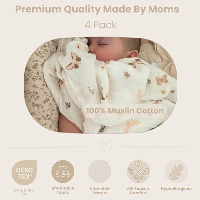 100% Muslin Cotton Swaddle Blankets, Pack of 4, 47 x 47 inches (120 cm x 120 cm), Ultra-Soft, Breathable, Hypoallergenic, 0+ Months (Teddy Bear/Rainbow/Butterfly/Balloon)