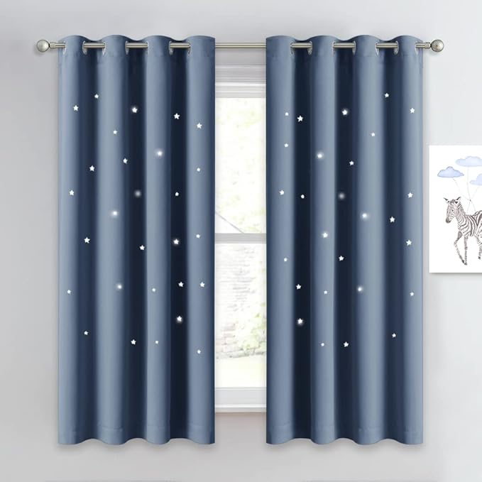 NICETOWN Kids Curtains for Boy's Bedroom, Laser Cutting Star Galaxy Curtains Energy Saving Window Treatment Grommet Thermal Insulated Drapes for Baby Room/Nursery, 1 Pair, 52W x 63L, Stone Blue