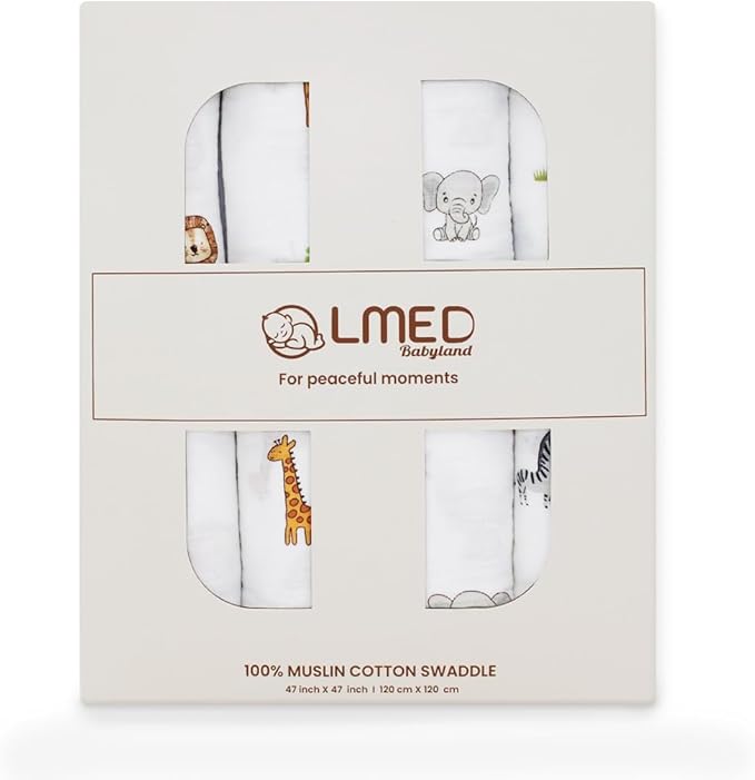 100% Muslin Cotton Swaddle Blankets, Pack of 4, 47 x 47 inches (120 cm x 120 cm), Ultra-Soft, Breathable, Hypoallergenic, Lion/Elephant/Giraffe/Zebra Designs