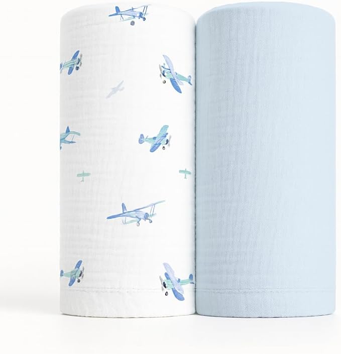 Soft 100% Cotton Swaddles for Newborns, 2- Pack - Large, Breathable Baby Blanket - Versatile, Durable Muslin Swaddle Blankets - Perfect Newborn Essentials (Airplane/Blue)
