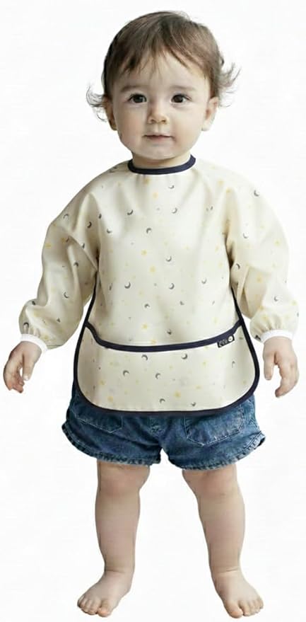 Plie Long Sleeve Waterproof Bib for Toddlers – Soft Feeding Smock for Baby Mealtime, Self-Feeding, BPA-Free, Easy Clean